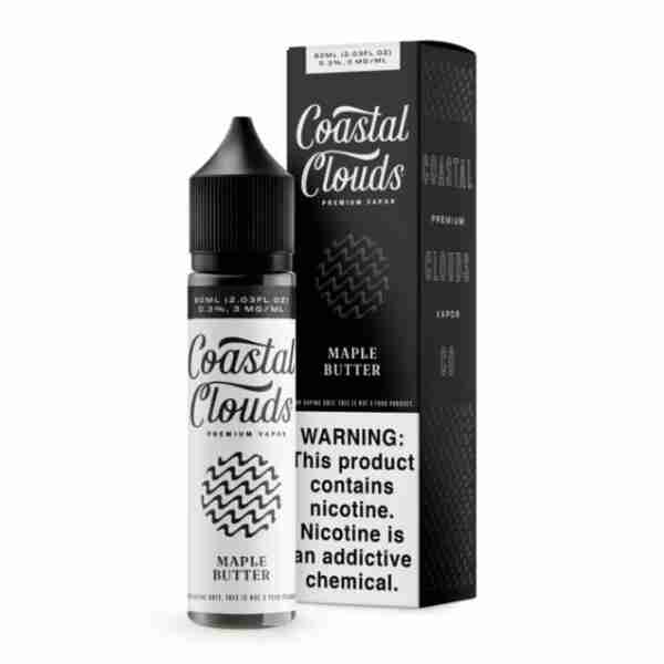 A bottle and box of Coastal Clouds Premium E-Liquid 60mL 6mg. The black packaging has white text and a nicotine warning label on the bottle.