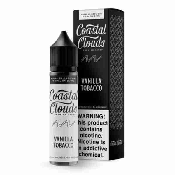 A bottle and box of Coastal Clouds Premium E-Liquid 60mL 6mg in Vanilla Tobacco flavor. The black and white packaging features bold text and a nicotine warning label stating the product contains an addictive chemical.
