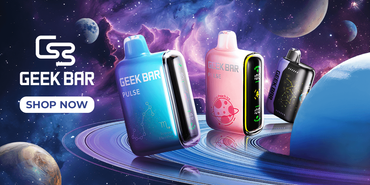 Three colorful Geek Bar vape devices with space-themed designs float in a vibrant outer space scene, featuring planets, stars, and a purple nebula. Text reads “GEEK BAR” and “SHOP NOW.”.
